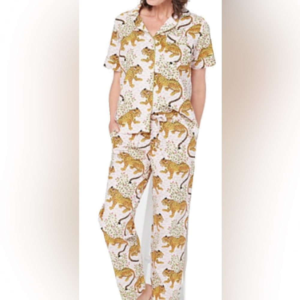 Women's White Leopard Print Pajama Set - Short Sleeve Button Top & Pants